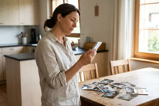 Frau liest in der Küche eine Meldung auf dem Handy, vor ihr liegen ausgedruckte Fotos