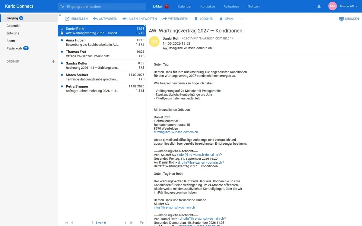Das Webmail von ThurMail Business: Posteingang mit sechs Nachrichten, rechts der geöffnete Nachrichtenverlauf, oben die Reiter für E-Mail, Kalender, Kontakte, Aufgaben und Notizen