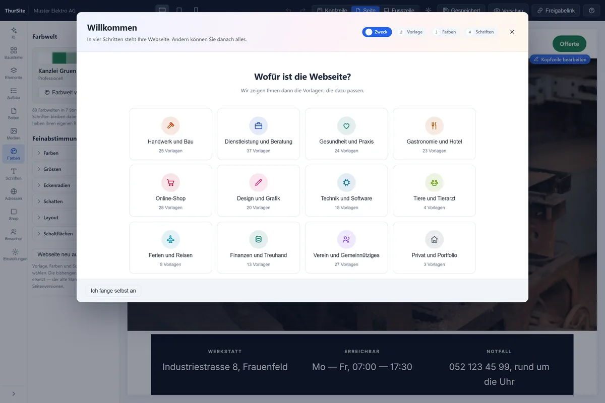 Erster Schritt im ThurBuilder: Wofür ist die Webseite? — Bereiche von Handwerk bis Verein mit der Zahl der passenden Vorlagen