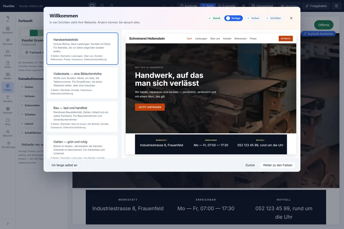 Vorlagenwahl im ThurBuilder: links die Vorlagen für Handwerk und Bau, rechts die Vorschau der gewählten Vorlage