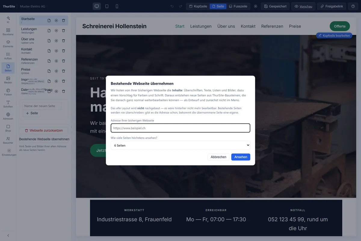 Dialog «Bestehende Webseite übernehmen» im ThurBuilder Editor mit dem Feld für die bisherige Adresse