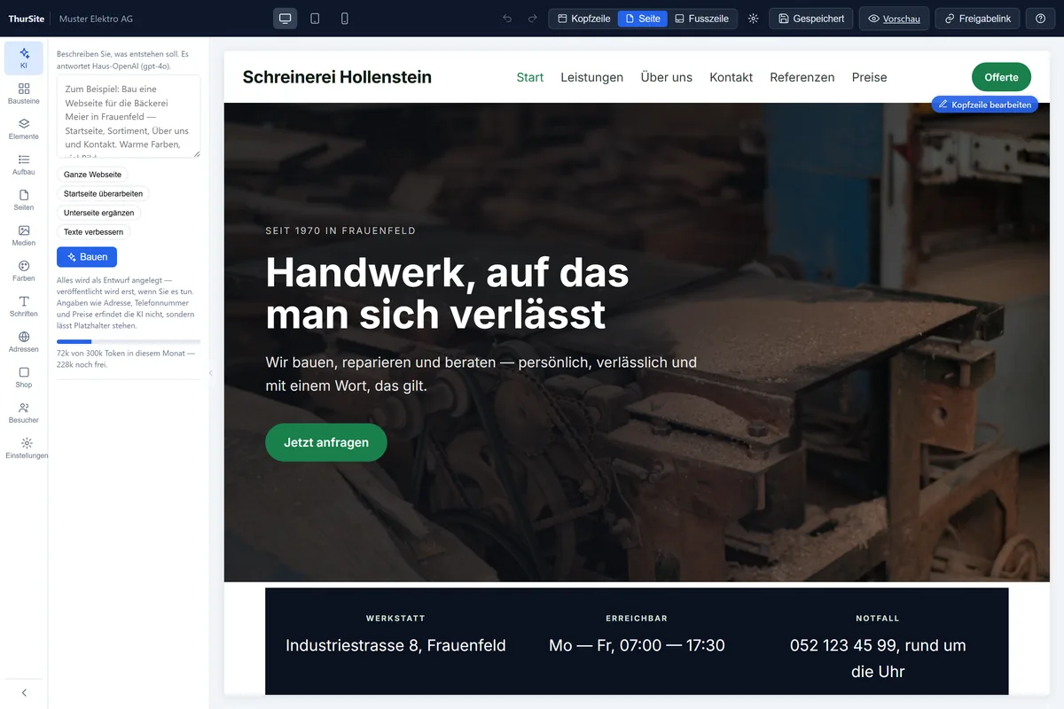 KI-Reiter im ThurBuilder Editor: links das Feld für die Beschreibung, die Aufträge «Ganze Webseite», «Startseite überarbeiten», «Unterseite ergänzen» und «Texte verbessern» sowie der Balken mit dem Monatsbudget