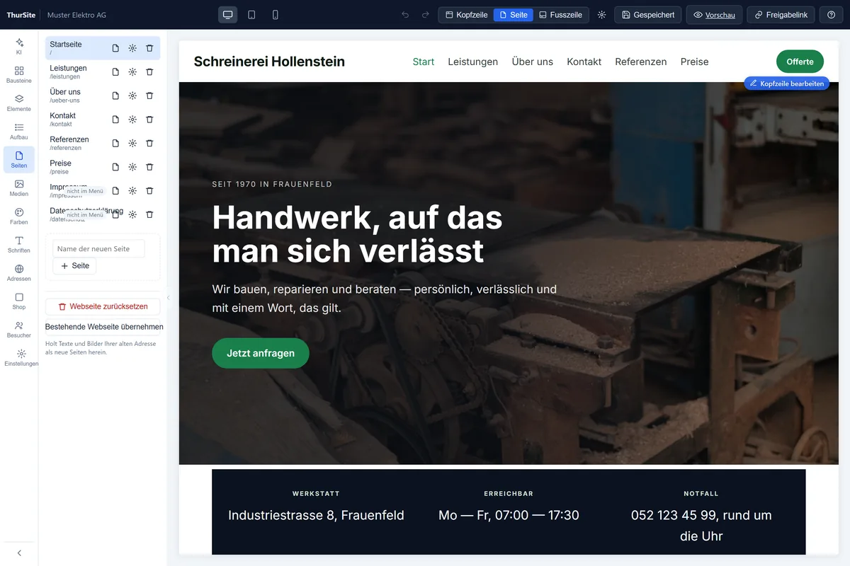 Seitenverwaltung im ThurBuilder: die angelegten Seiten mit Menüeintrag, Reihenfolge und Zustand