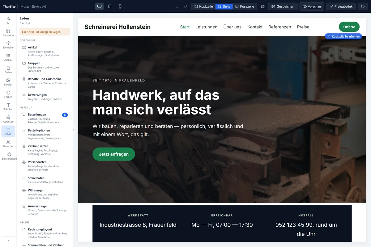 Der Reiter «Laden» im ThurBuilder: Artikel, Gruppen, Rabatte, Bewertungen, Bestellungen, Zahlungs- und Versandarten, Steuersätze, Währungen, Auswertungen und das Rechnungslayout